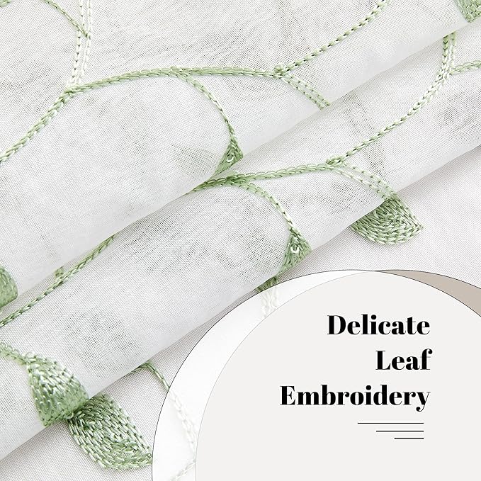 MRTREES Sheer Voile Curtain Valances 2 Panels, Sage Green Leaves Embroidered Valance Curtains 54x16 Inches, Rod Pocket Small Sheer Window Valance for Bedroom/Living Room/Kitchen(Greyish Green Leaves)