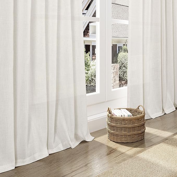 Nanspring Extra Long Curtains 2 Panels 104 Inches Long for Dinning Room Cream Back Tab Rod Pocket Light Filtering Semi Sheer Drapes Cotton Linen Textured Window Curtain for Bedroom 52x104