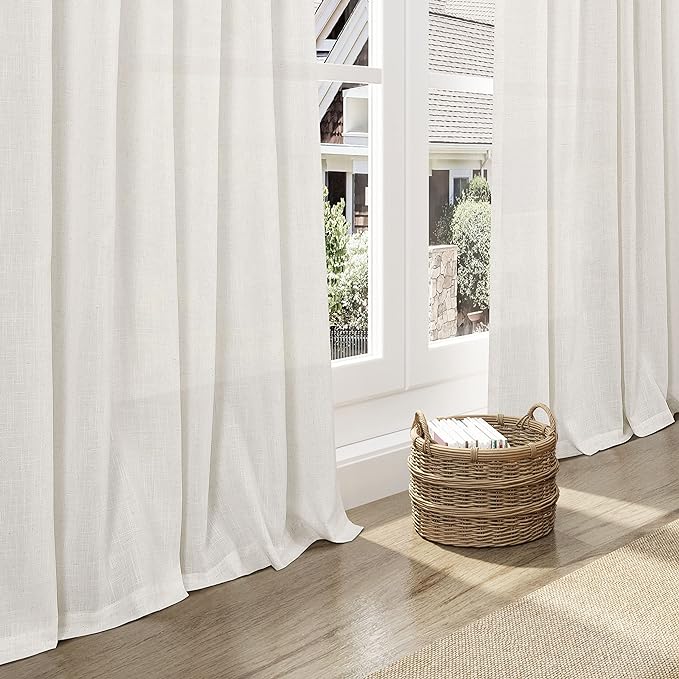 Nanspring Cream Linen Curtains 74 Inches Long for Bedroom Back Tab Light Filtering Privacy Sheer Curtains Modern Farmhouse Coastal Decor Cotton Textured Gauze Curtain for Bathroom 2 Panel Set 52x74