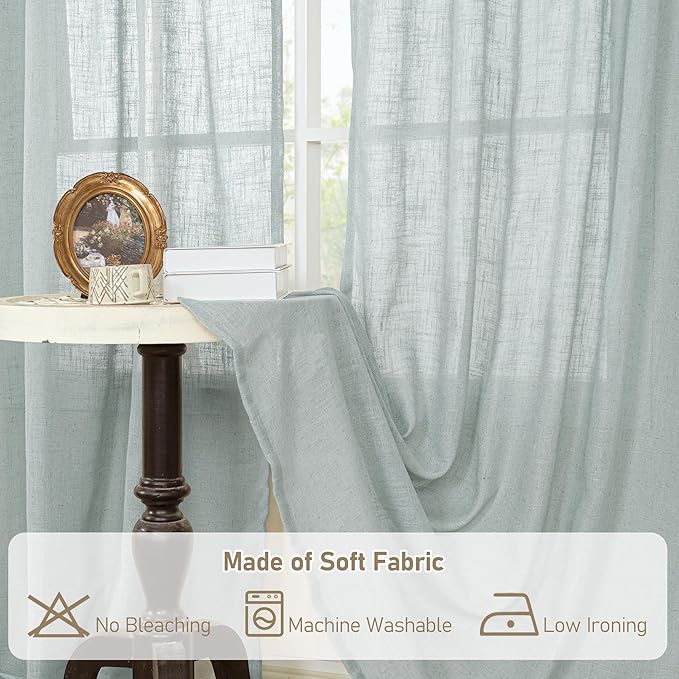 LAMIT Window Linen Curtains 24 Inch Length, Semi Sheer Light Filtering Window Panels Back Tab and Rod Pocket Drapes for Kitchen/Small Windows, Greyish Blue, 25 x 24 Inch, 2 Panels