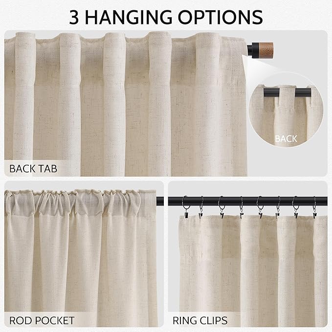 Nanspring Cream Beige Linen Curtains 84 Inches Long for Living Room Light Filtering Semi Sheer Curtain Back Tab Modern Farmhouse Decor Elegant Luxury Coastal Drapes for Bedroom Office 52x84,2 Panels