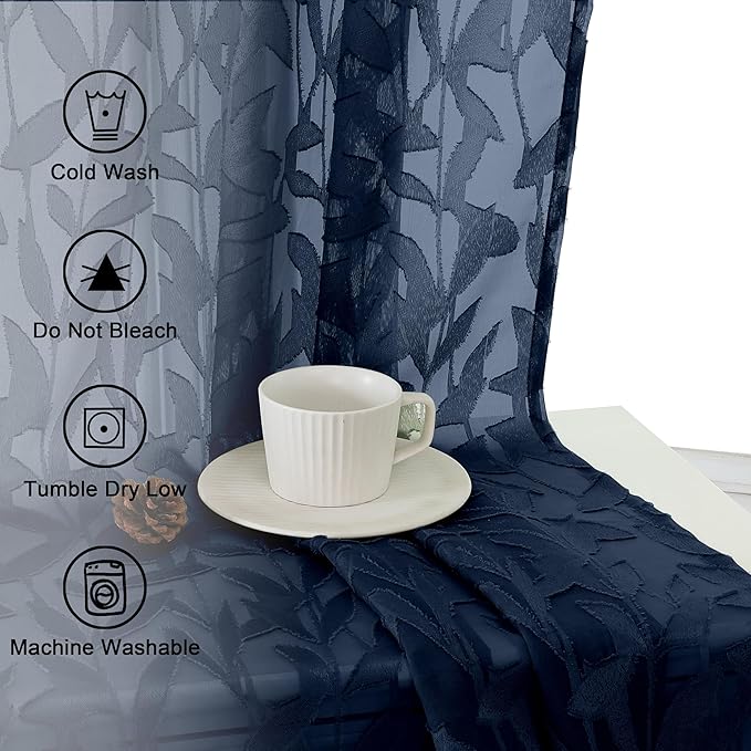 Lecloud Leia Navy Blue Sheer Curtains 84 Inches Long 2 Panels, Airy Leaf Textured Jacquard Drapes, Light Filtering & Privacy Window Curtains with Dual Rod Pocket for Living Room Bedroom, 52" W x 84" L