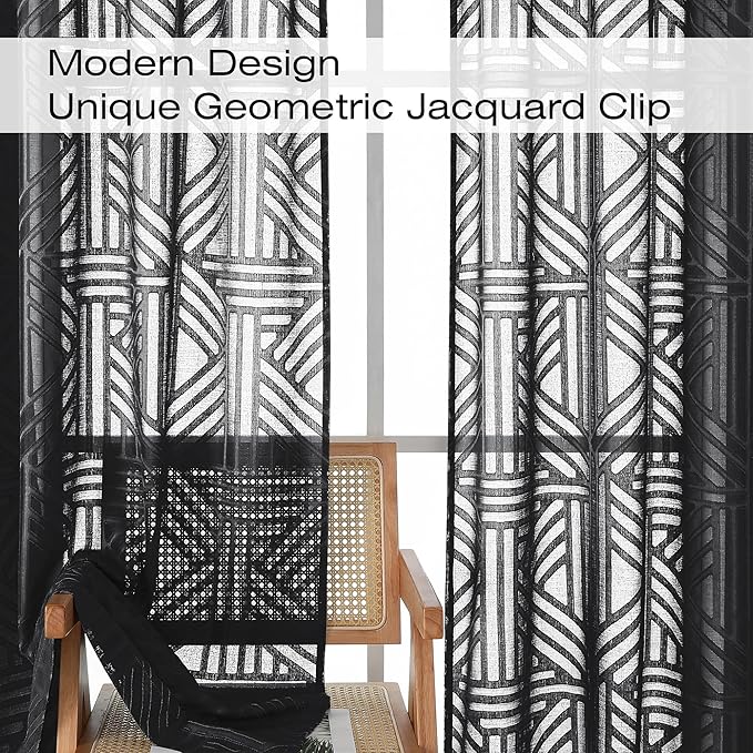 Simplebrand Black Sheer Curtains 72 Inch Length 2 Panels for Living Room, Light Filtering Geometric Jacquard Clip Textured Rod Pocket Semi Sheer Curtains for Front Back Patio Glass Door，42x72 inch