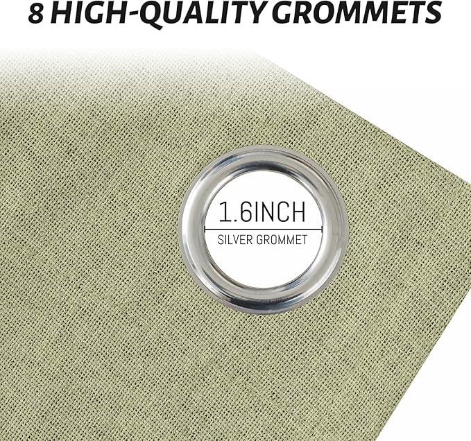 Yakamok Sage Green Linen Curtains 100% Blackout 72 Inches Long,Room Darkening Textured Curtains for Living Room Thermal Grommet Bedroom Curtain 2 Panels with Greyish White Liner