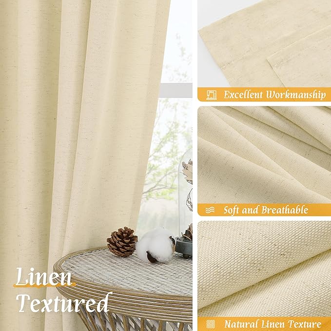 LAMIT Beige Linen Curtains 63 Inch for Bedroom, Light Filtering Neutral Faux Linen Privacy Curtains Rod Pocket Living Room Panels for Small Window, 2 Panels, 52 x 63 Inch, Beige
