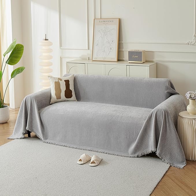 Couch Cover for Dogs, Boho Sofa Covers for 2 Cushion Couch, Chenille Sofa Slipcover for Pets Washable, L-Shape Sectional Couch Loveseat Cover Soft Throw Blankets with Tassels(71x102,Grey)