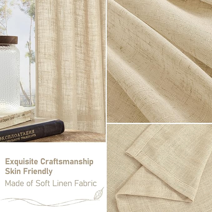 LAMIT Extra Wide Linen Curtains for Bedroom, Light Filtering Faux Linen Textured Panels Semi Sheer Back Tab and Rod Pocket Boho Drapes for Living Room, 2 Panels, Linen, 70 x 84 Inch