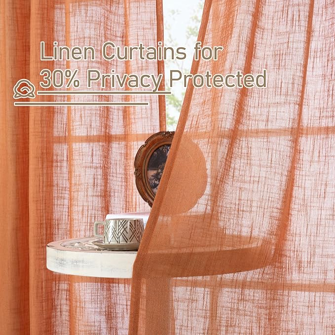 LAMIT Burnt Orange Sheer Linen Curtains, 84 inch Light Filtering Semi Sheer Panels Bronze Grommet Farmhouse Rust Drapes for Living Room/Bedroom, 2 Panels, 52 x 84 Inch
