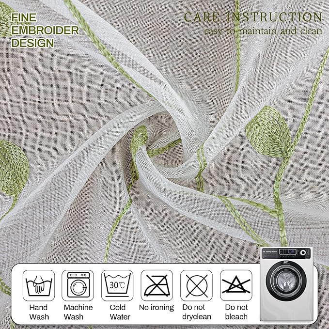 AmHoo 2 Panels Embroidered Leaf Pattern Semi Sheer Curtains Foliage Floral Voile Window Draperies Treatment for Bedroom Living Room Rod Pocket White Light Green 53 x 95 Inch