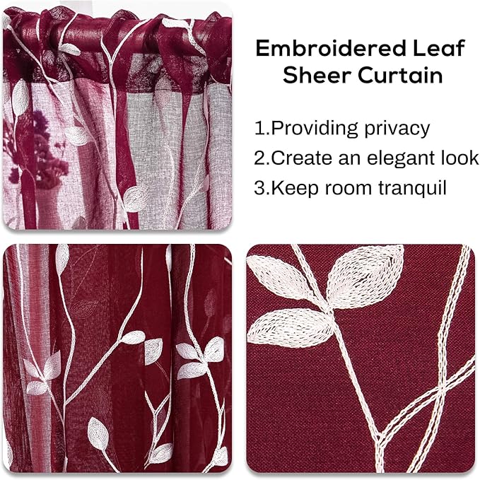 AmHoo 2 Panels Embroidered Leaf Pattern Semi Sheer Curtains Foliage Floral Voile Window Draperies Treatment for Bedroom Living Room Rod Pocket Burgundy Red 53 x 95 Inch