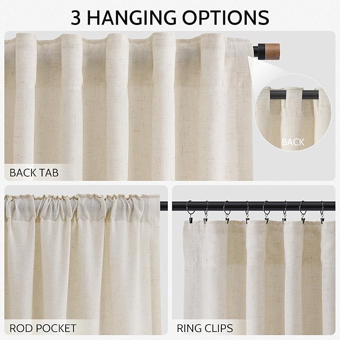 Birch Beige Linen Curtains 132 Inch Length for Living Room Light Filtering Semi Sheer Curtain Back Tab Modern Farmhouse Decor Elegant Drapes Floor to Ceiling High Window for Bedroom 52x132, 2 Panels