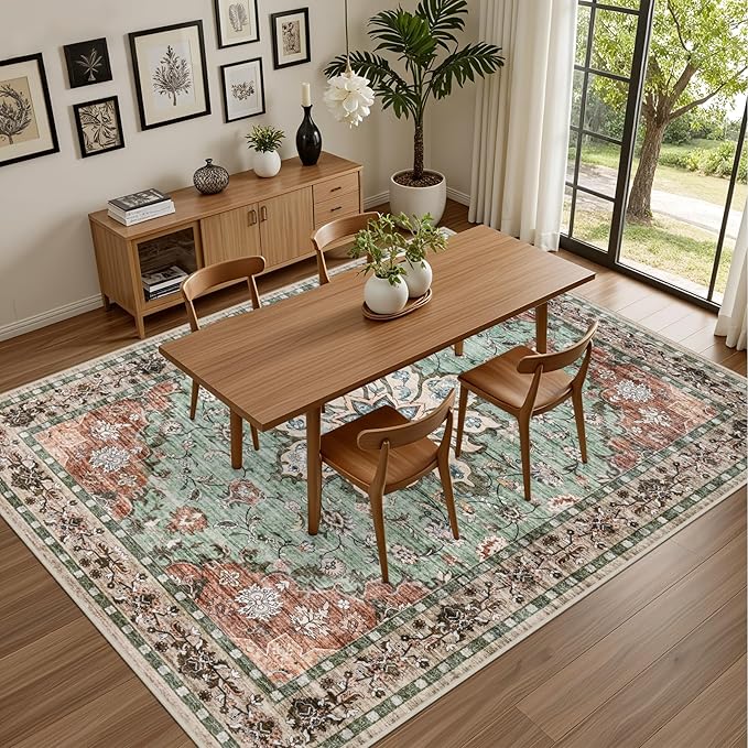 8x10 Area Rugs for Living Room: Washable Rug Soft Vintage Distressed Floral Carpet Indoor Floor Non-Slip Stain Resistant Large Carpets for Bedroom Dining Room Farmhouse Nursery Home Office Brown Green