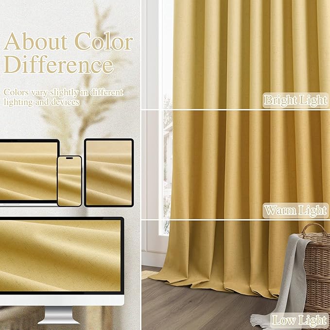 Guken 100% Blackout Curtains 96 Inch Length 2 Panels Set for Living Room Bedroom Back Tab Thermal Insulated Black Out Linen Drapes Room Darkening Window Curtains 96 Inches Long,Gold