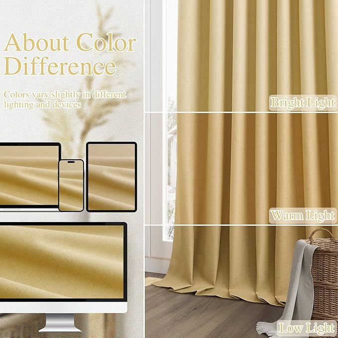 Guken 100% Blackout Curtains 120 Inch Length 2 Panels Set for Living Room Bedroom Back Tab Thermal Insulated Black Out Linen Drapes Room Darkening Window Curtains Gold Yellow 52x120