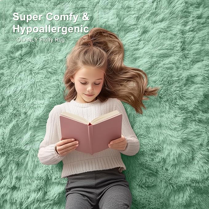 OLANLY 2x3 Machine Washable Small Bedside Rug, Soft Fluffy Shaggy Entryway Throw Rugs for Bedroom, Living Room, Indoor Floor Carpet for Kids Girls Boy, Nursery Rooms, Home Decor Aesthetic, Mint Green
