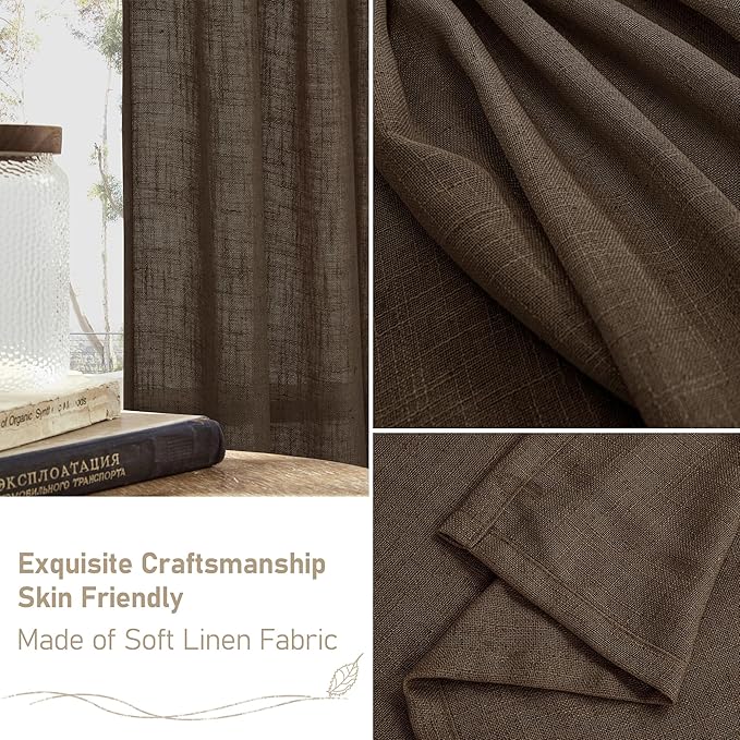 LAMIT 40 Inch Linen Curtains for Kitchen Windows, Semi Sheer Light Filtering Panels Bronze Grommet Neutral Drapes for Bathroom/Cafe, 2 Panels Set, Dark Brown, 34 x 40 Inch