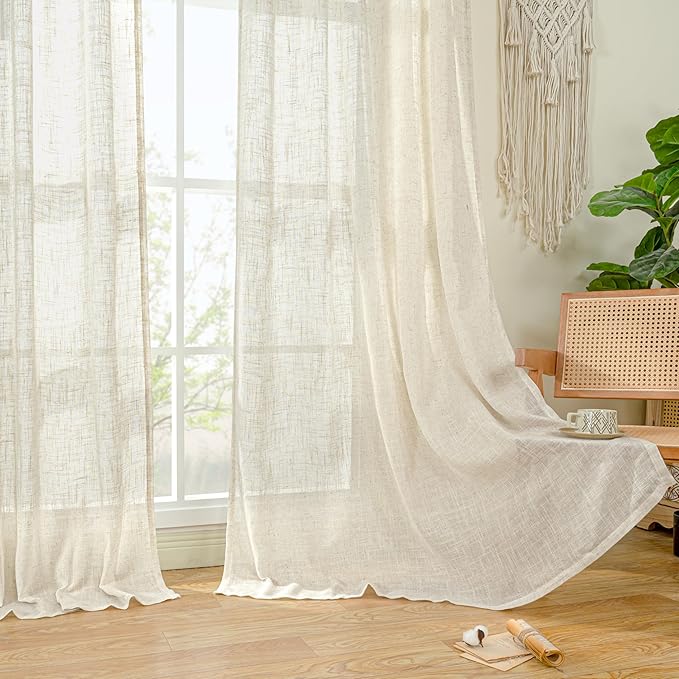 LAMIT Sheer Linen Curtains 63 inches Length, Light Filtering Panels Bronze Grommet Linen Textured Neutral Drapes for Kitchen/Bedroom, Natural, 2 Panels, 34 x 63 Inch