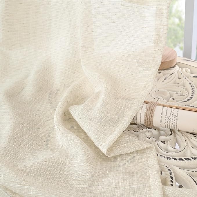 BGment 90 Inches Long Curtains for Living Room - Beige Linen Window Drapes Semi Sheer Rod Pocket Light Filtering for Bedroom Dining Room Decor Lightweight Rustic, 2 Panels, 52 Inch Wide Each Panel
