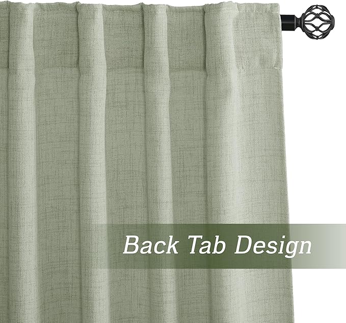 RYB HOME Linen Sheer Curtains and Drapes for Living Room 108 inches Length, Breathable Back Tab/Rod Pocket Semi Sheer Curtains, Sage Green, W 52 x L 108 inches, 2 Panels Set