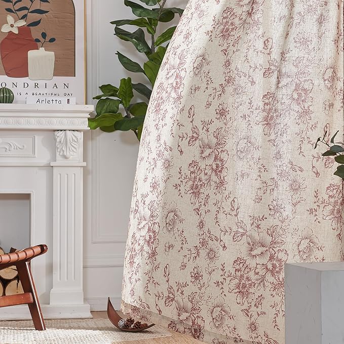 jinchan Linen Blend Curtain Floral Curtains for Living Room 96 Inch Length Farmhouse Brick Red Printed Curtain Rod Pocket Back Tab Peony Flower Patterned Drapes Curtains Set 2 Panels
