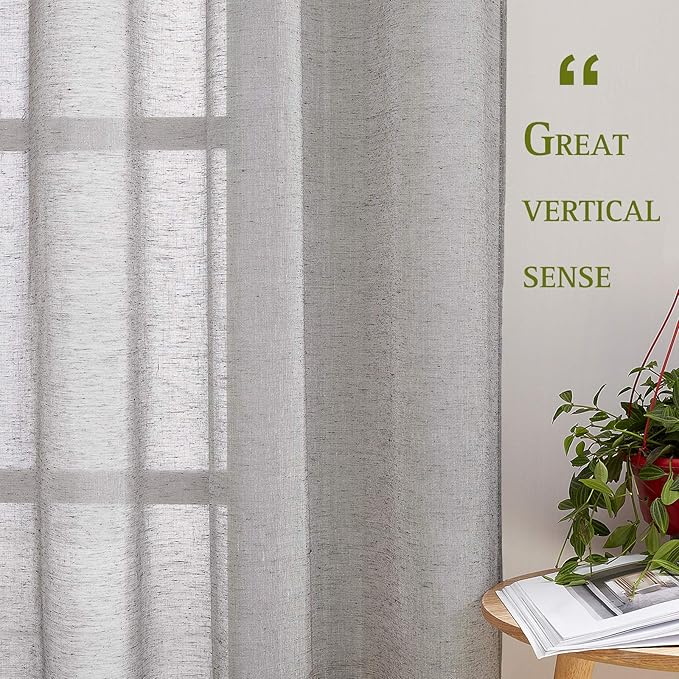 NICETOWN Sheer Curtains Flax Texture for Bedroom, Vintage Grommet Top Linen Textured Semitransparent Privacy Window Treatment Light Filter for Living Room, 52" W x 84" L, Set of 2, Charcoal Grey