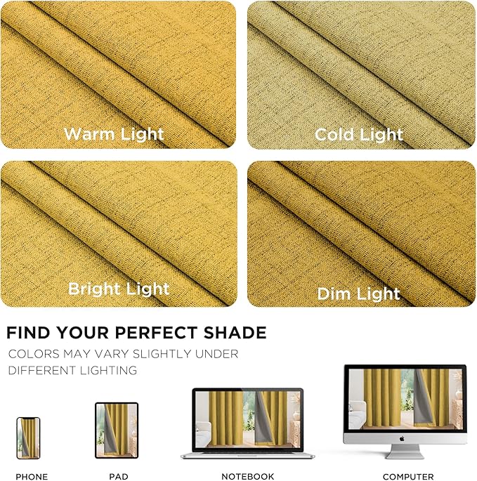 Joydeco Blackout Curtains for Bedroom - 100% Light Blocking 2 Panels Set Yellow Drapes 66" W x 90" L, Thermal Insulated Room Darkening Curtains, Linen Textured for Living Room, Rod Pocket & Back Tabs