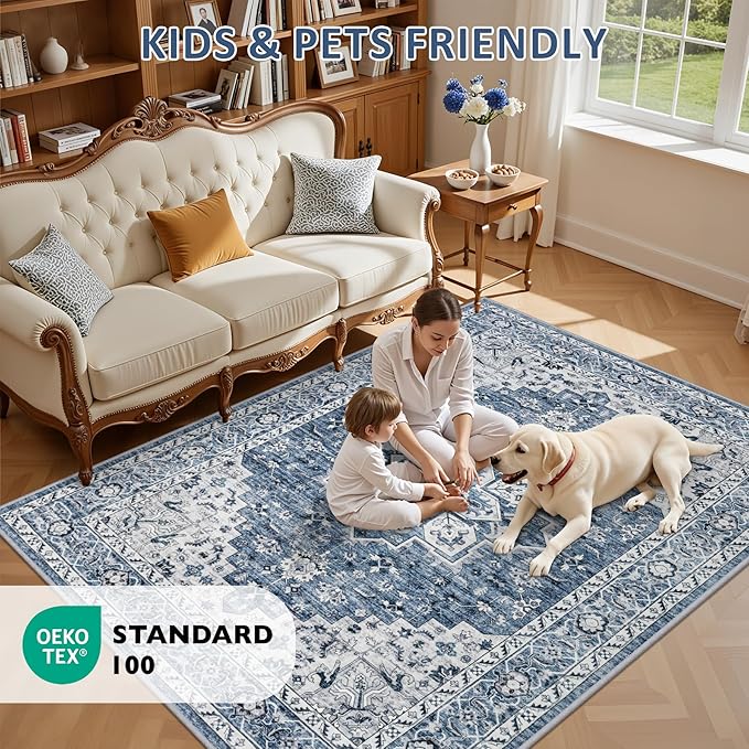 6x9 Area Rugs Living Room Rug: Washable Vintage Boho Medallion Rug No Slip Stain Resistant Soft Carpet Indoor Floor Large Carpets for Bedroom Dining Room Farmhouse Nursery Hallway Home Office Blue