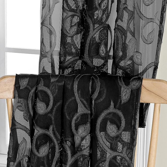 OWENIE Furman Sheer Black Curtains 90 inches Long for Bedroom Living Room 2 Panels Set, Light Filtering Soft Semi Sheer Jacquard Clip Farmhouse Curtains Rod Pocket Design, Each 52Wx90L inch