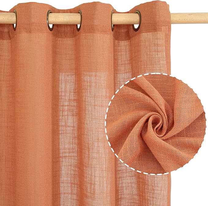 LAMIT Burnt Orange Sheer Linen Curtains, 84 inch Light Filtering Semi Sheer Panels Bronze Grommet Farmhouse Rust Drapes for Living Room/Bedroom, 2 Panels, 52 x 84 Inch