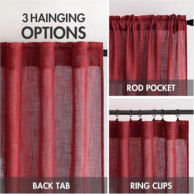 MIULEE Burgundy Red Linen Curtains 96 Inch Long for Bedroom Living Room, Soft Thick Linen Textured Window Drapes Semi Sheer Light Filtering Rod Pocket Back Tab Christmas Burlap Look, 2 Panels