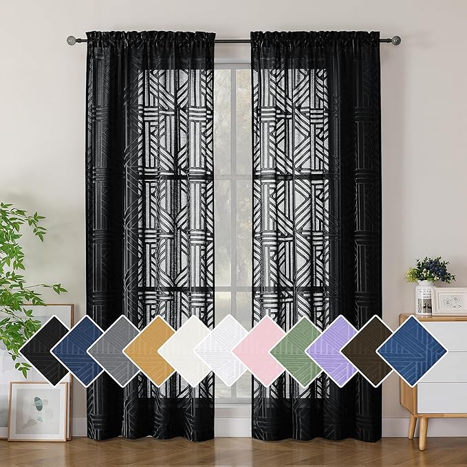 Simplebrand Black Sheer Curtains 72 Inch Length 2 Panels for Living Room, Light Filtering Geometric Jacquard Clip Textured Rod Pocket Semi Sheer Curtains for Front Back Patio Glass Door，42x72 inch