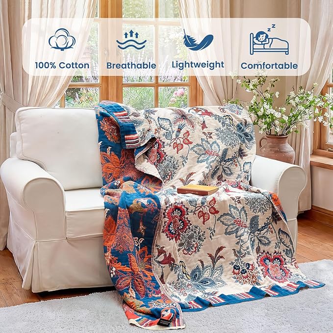 MSGKV Boho Throw Blanket 90"x108" 100% Cotton Floral Blanket for Bed Spring Breathable Lightweight King Blankets All Seasons Home Decor Muslin