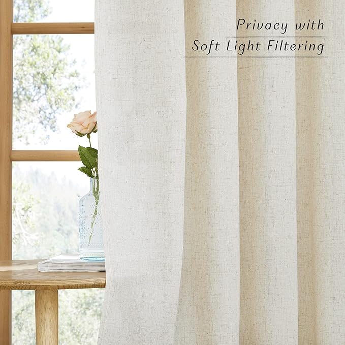 NICETOWN Linen Curtains for Windows 90 inch Long, Grommet Semi Sheer Vertical Drapes Privacy Added with Light Filtering for Doorway/Living Room, Natural, W42 x L90, 2 Pieces