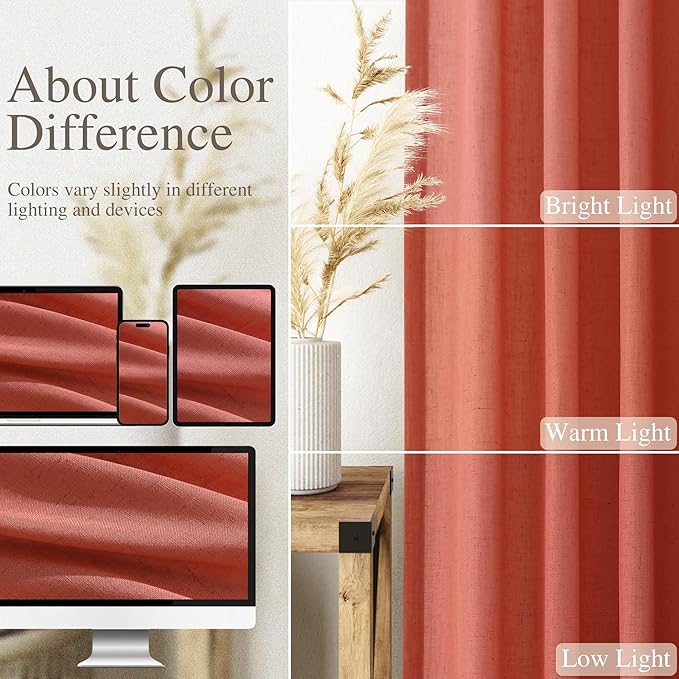Coral Linen Curtains 84 Inch Length 2 Panels Set Back Tab Rod Pocket Light Filtering Semi Sheer Curtain Textured Neutral Farmhouse Decor Curtains for Bedroom Living Room 52x84