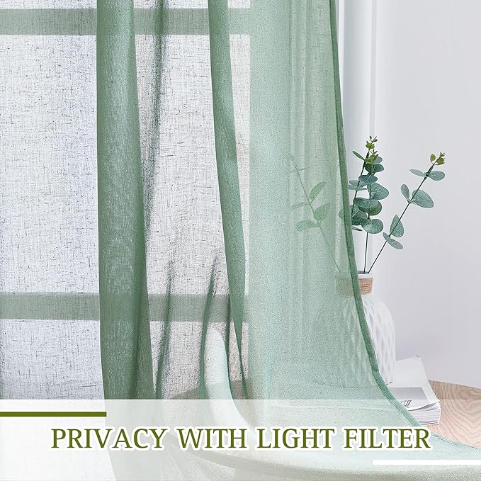 NICETOWN Linen Sheer Curtains Flax Textured for Living Room, Grommet Semi Sheer Vertical Drapes Privacy with Light Filter for Home Office/Farm House, W36 x L84, Olive Green, 1 Pair