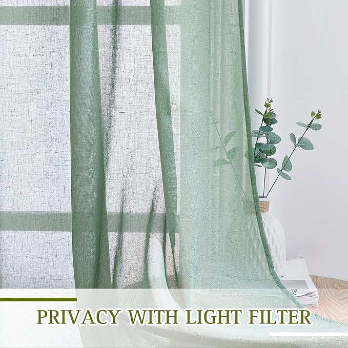 NICETOWN Flax Linen Sheer Curtains 108" Long for Windows, Ring Top Privacy Semi Sheer Privacy with Light Filter Panels for Bedroom/Living Room, Olive Green, 52" W Per Panel, Set of 2
