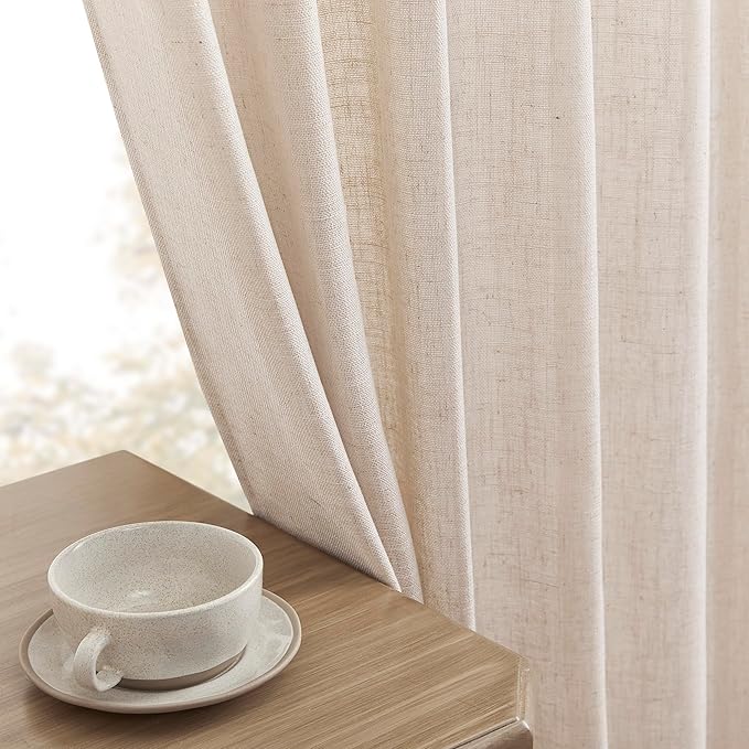 Joydeco Linen Curtains for Living Room,Semi Sheer Drapes Window Long Curtains 90 inches Long Pink Beige