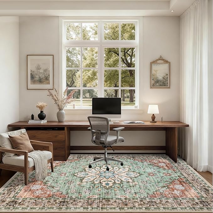 8x10 Area Rugs for Living Room: Washable Rug Soft Vintage Distressed Floral Carpet Indoor Floor Non-Slip Stain Resistant Large Carpets for Bedroom Dining Room Farmhouse Nursery Home Office Brown Green