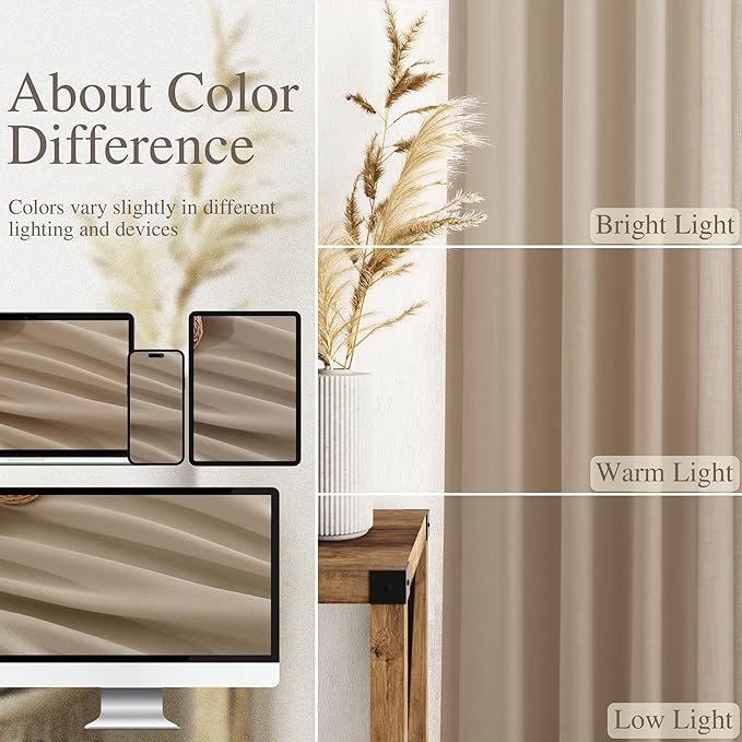 Sepia Beige Linen Curtains 108 Inches Long for Living Room Farmhouse Decor Light Filtering Semi Sheer Curtain Back Tab Rod Pocket Neutral Floor to Ceiling High Window for Bedroom 52x108, 2 Panels
