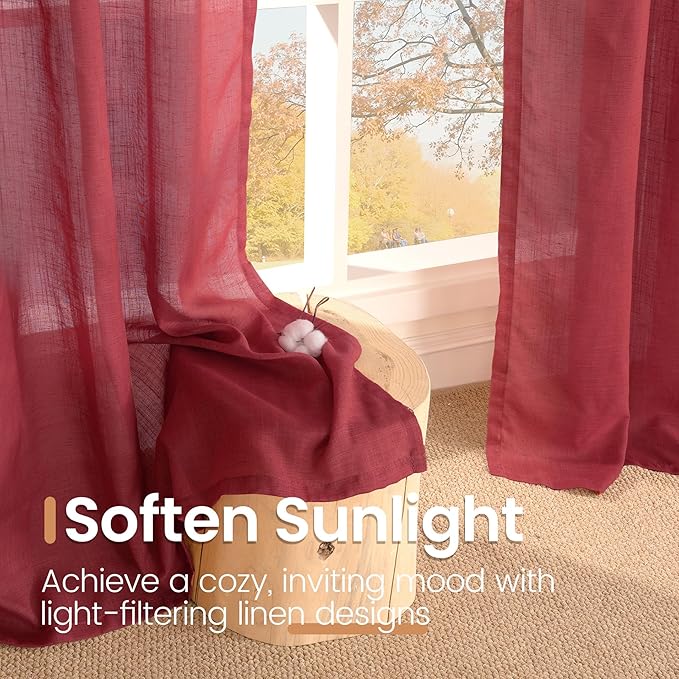BGment Burgundy Linen Curtains 84 Inch Length for Living Room, Light Filtering Window Drapes Semi Sheer Textured with Rod Pocket for Dining Bedroom Lightweight, Set of 2, Each 42 Inch Wide
