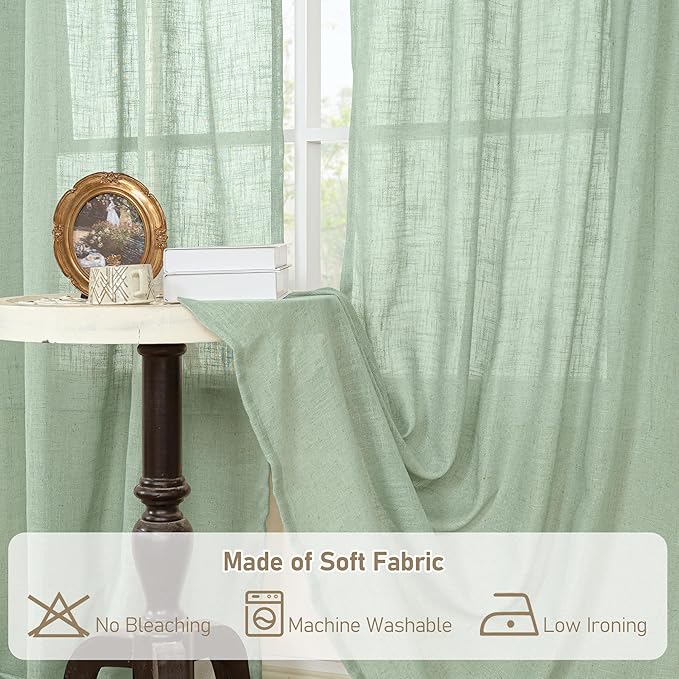 LAMIT Fresh Green Linen Curtains 54 Inch Length 2 Panels, Light Filtering Semi Sheer Panels Bronze Grommet Neutral Drapes for Kitchen/Window/Bedroom, 52 x 54 Inch