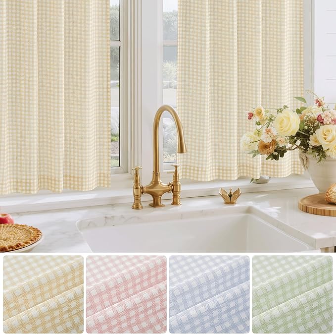 RYB HOME Checkered Kitchen Cafe Curtains 24 inch Length, Vintage Farmhouse Linen Plaid Curtains Gingham Small Window Treatment Valance for Living Room Bathroom, Yellow, W26 x L24, 2 Panels