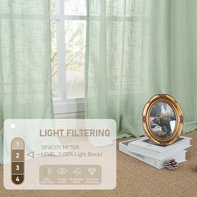 LAMIT Fresh Green Linen Boho Curtains 68 inch Length 2 Panels, Light Filtering Semi Sheer Panels Back Tab and Rod Pocket Neutral Drapes for Bedroom/Living Room, 52 x 68 Inch