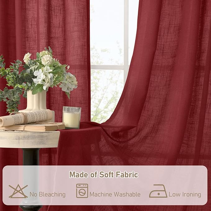 LAMIT 95 inch Linen Curtains for Living Room, Burgundy Red Bronze Grommet Christmas Panels Light Filtering Semi Sheer Drapes for Bedroom/Dining Hall, 2 Panels Set, 52 x 95 Inch