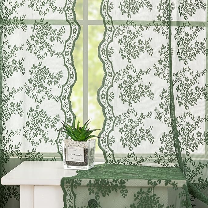 YJ YANJUN Vintage Lace Curtains 63 Inch Length-Victorian Floral Dark Olive Green Sheer Curtains 1 Pair Transparent Voile for Bedroom Kitchen Sunroom Bohemian Christmas Decor Rod Pocket W52 x L63