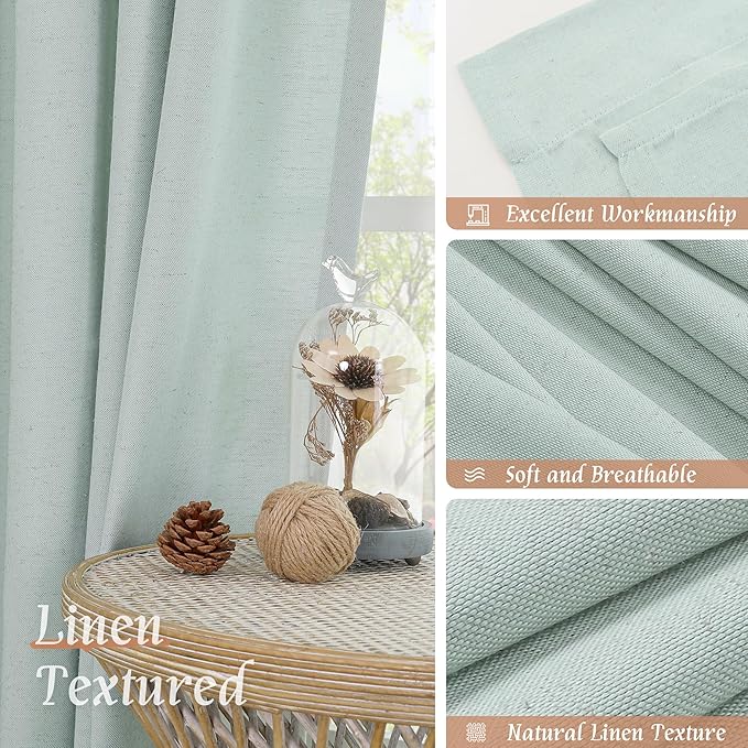 LAMIT Linen Curtains 63 Inch for Bedroom, Light Filtering Neutral Semi Sheer Window Treatment Farmhouse Curtains Rod Pocket Panels for Living Room/Dining Room, 2 Panels, 42 x 63 Inch, Light Blue