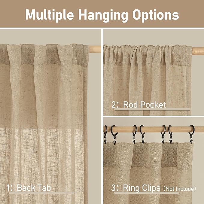 LAMIT Short Window Linen Curtains 36 Inch Length 2 Panels, Brown Light Filtering Panels Back Tab and Rod Pocket Neutral Drapes for Bathroom/Loft Room, 34 x 36 Inch