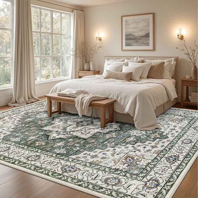 Area Rugs 10x12 Living Room Rug: Washable Rug Soft Vintage Boho Medallion Carpet Indoor Non-Slip Stain Resistant Large Carpets for Bedroom Dining Room Farmhouse Nursery Home Office Green Ivory
