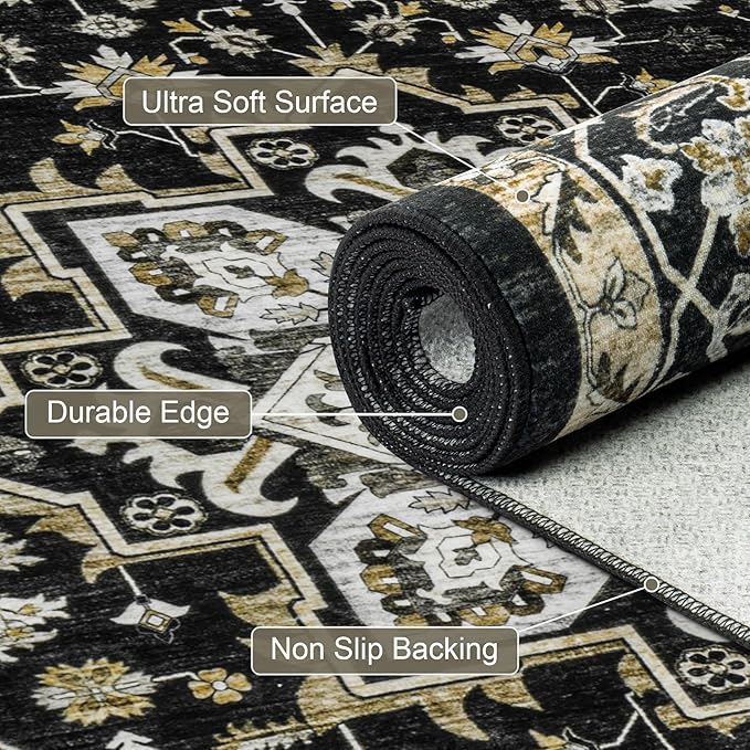 8x10 Area Rugs for Living Room: Washable Rug Soft Vintage Boho Medallion Carpet Indoor Non-Slip Stain Resistant Large Carpets for Bedroom Dining Room Farmhouse Nursery Home Office Black Gold