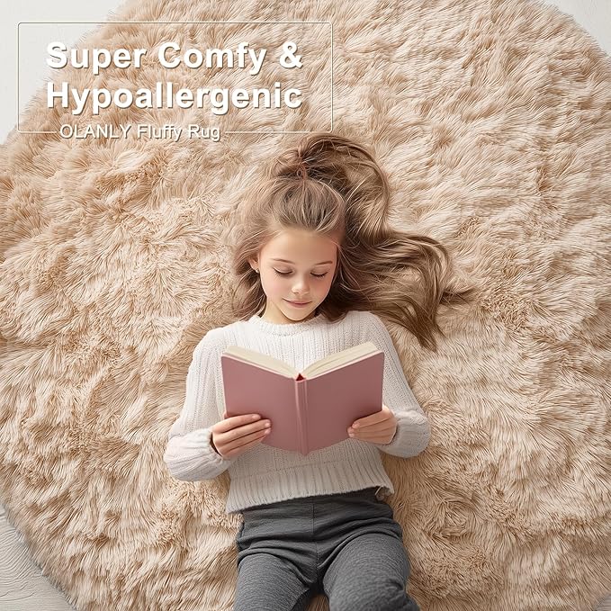OLANLY Beige Round Rugs for Bedroom - Machine Washable, 9 ft Circle Area Rugs for Living Room, Soft and Fluffy Shaggy Carpet for Teen Girls and Boys, Nursery Rooms, Dorms, Home Decor Aesthetic